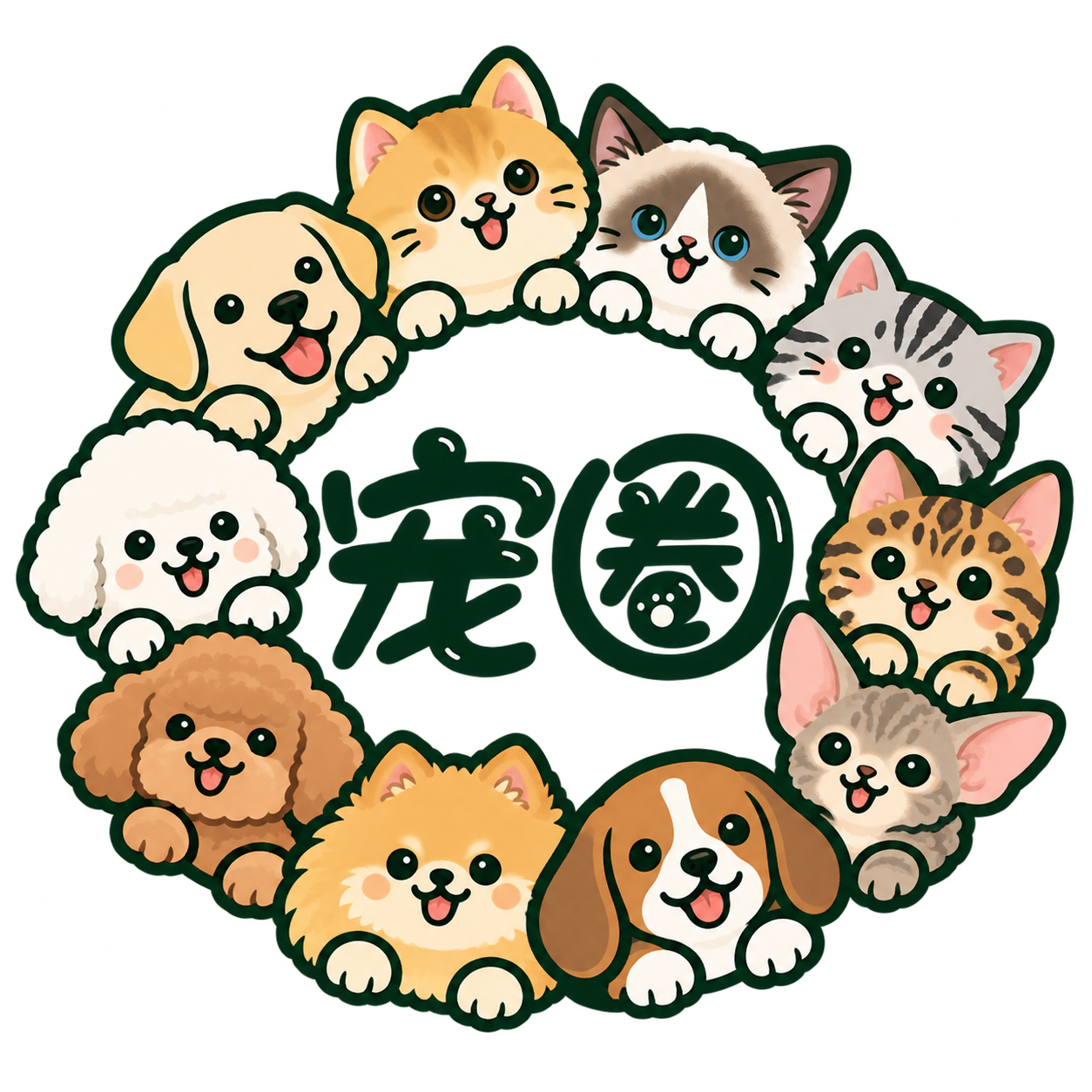 一圈猫狗围绕宠圈二字的店铺标志